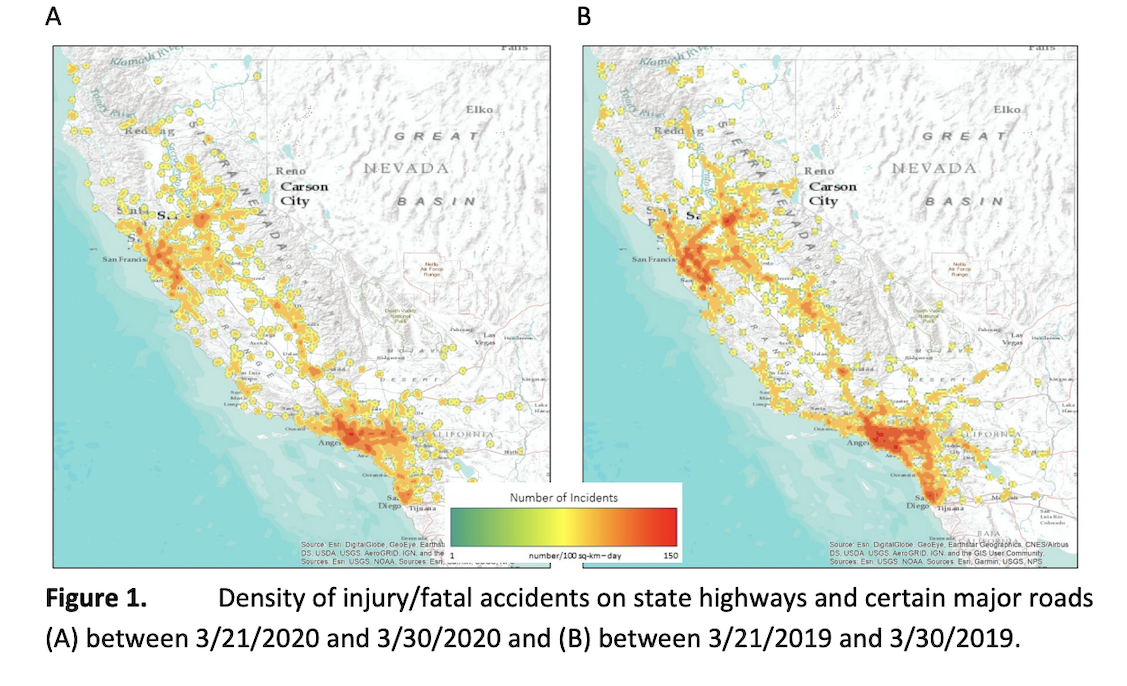 Map of traffic in California in March 2020 compared with March 2019